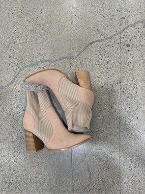 Pointed Toe Beige Knit Ankle Booties with Stacked Heel